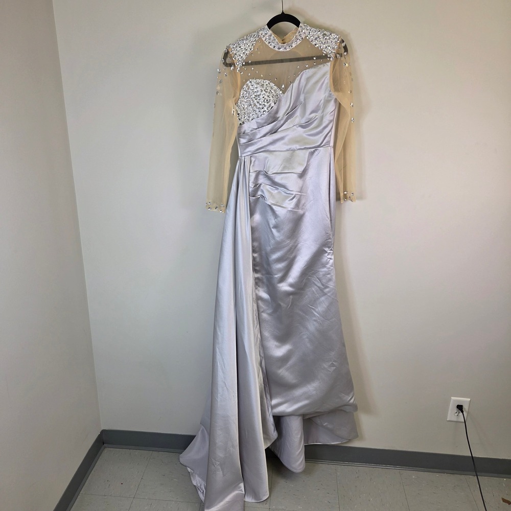 Silver Satin Rhinestone Mesh Long Sleeve Mermaid Gown Corset Back 7266 Size 2